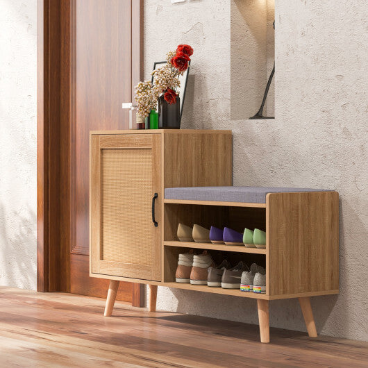 2-in-1 Rattan Shoe Cabinet with Bench Shoe Storage Bench with Washable Cushion-Natural - Color: Natural