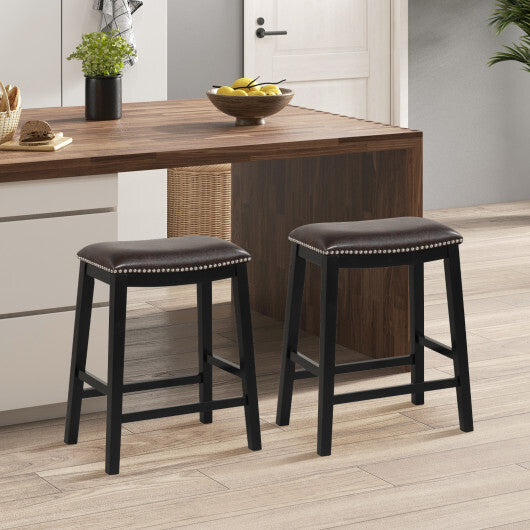 26 Inch Counter Height Bar Stool Set of 2 with Upholstered Seat-Brown - Color: Brown