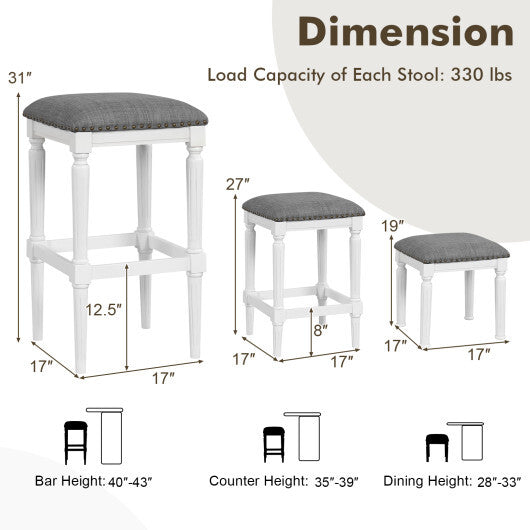 3 Heights Square Saddle Stool Set of 2 with Footrests and Padded Seats-Gray - Color: Gray