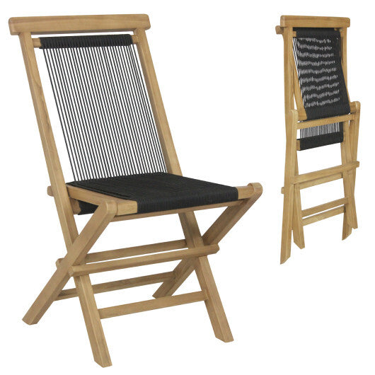 2 Piece Indonesia Teak Patio Folding Chairs with Woven Rope Seat and Back for Porch Backyard Poolside - Color: Natural