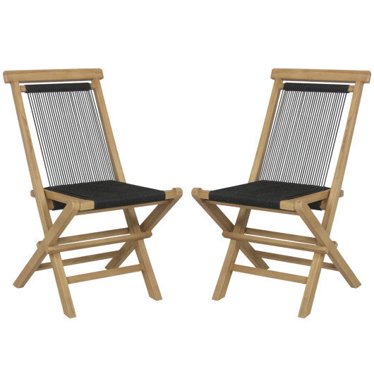 2 Piece Indonesia Teak Patio Folding Chairs with Woven Rope Seat and Back for Porch Backyard Poolside - Color: Natural