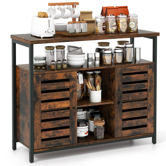 Buffet Cabinet Industrial Sideboard Storage Cabinet with Push-to-Open Slatted Door and 3 Adjustable Shelves-Rustic Brown - Color: Rustic Brown