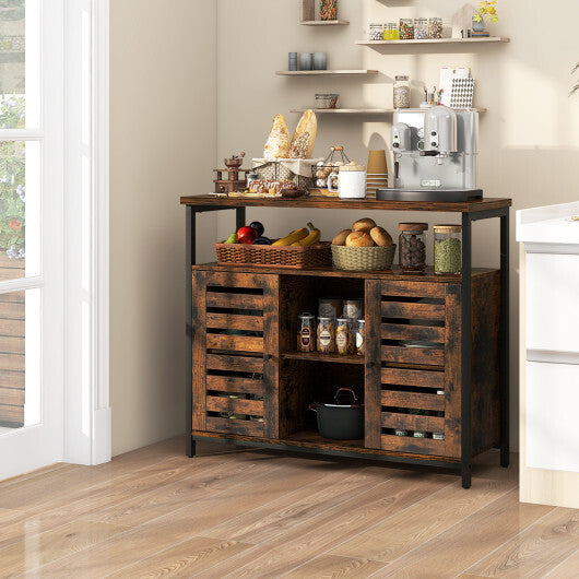 Buffet Cabinet Industrial Sideboard Storage Cabinet with Push-to-Open Slatted Door and 3 Adjustable Shelves-Rustic Brown - Color: Rustic Brown