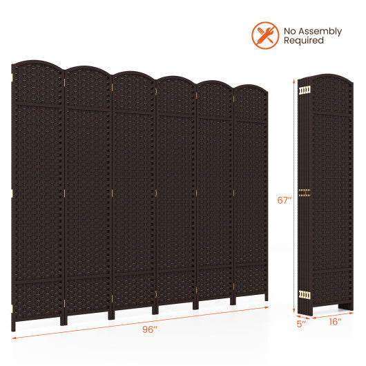 6-Panel Room Divider 5.6 FT Tall Folding Privacy Screen with Hand-woven Texture-Brown - Color: Brown