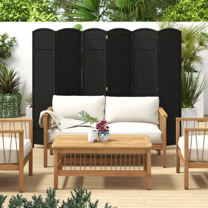 6-Panel Room Divider 5.6 FT Tall Folding Privacy Screen with Hand-woven Texture-Black - Color: Black