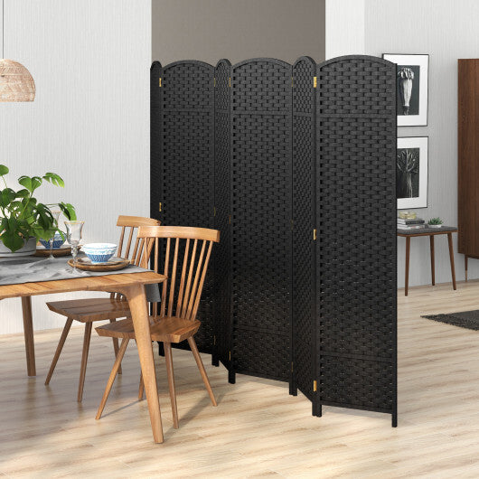 6-Panel Room Divider 5.6 FT Tall Folding Privacy Screen with Hand-woven Texture-Black - Color: Black