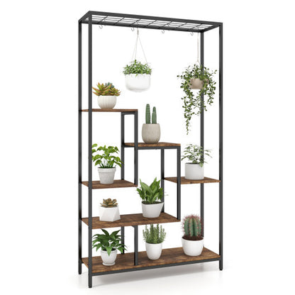 6-Tier Tall Plant Stand 71 Inch Metal Indoor Plant Shelf with 10 Hanging Hooks-Rustic Brown - Color: Rustic Brown