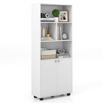 66 Inch Tall Double-Door Bookcase with Adjustable Shelf and Storage Cubes-White - Color: White