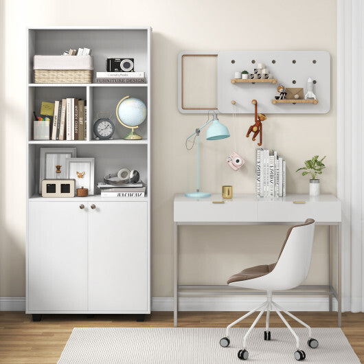 66 Inch Tall Double-Door Bookcase with Adjustable Shelf and Storage Cubes-White - Color: White