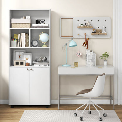 66 Inch Tall Double-Door Bookcase with Adjustable Shelf and Storage Cubes-White - Color: White