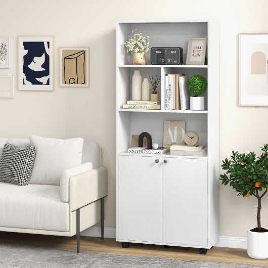 66 Inch Tall Double-Door Bookcase with Adjustable Shelf and Storage Cubes-White - Color: White