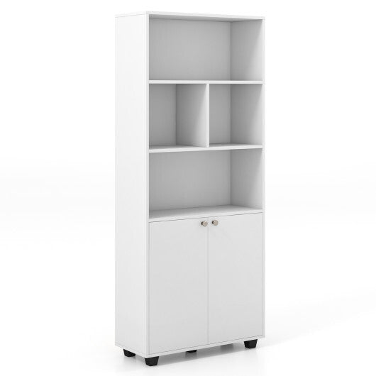 66 Inch Tall Double-Door Bookcase with Adjustable Shelf and Storage Cubes-White - Color: White