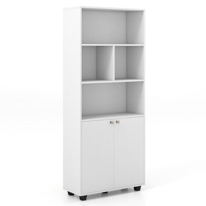 66 Inch Tall Double-Door Bookcase with Adjustable Shelf and Storage Cubes-White - Color: White