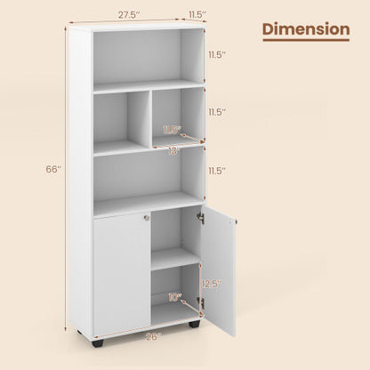 66 Inch Tall Double-Door Bookcase with Adjustable Shelf and Storage Cubes-White - Color: White