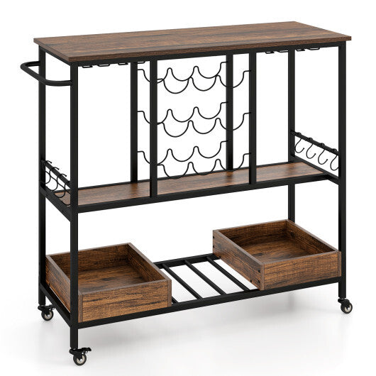 3 Tiers Bar Cart on Wheels with Glass Racks-Rustic Brown - Color: Rustic Brown