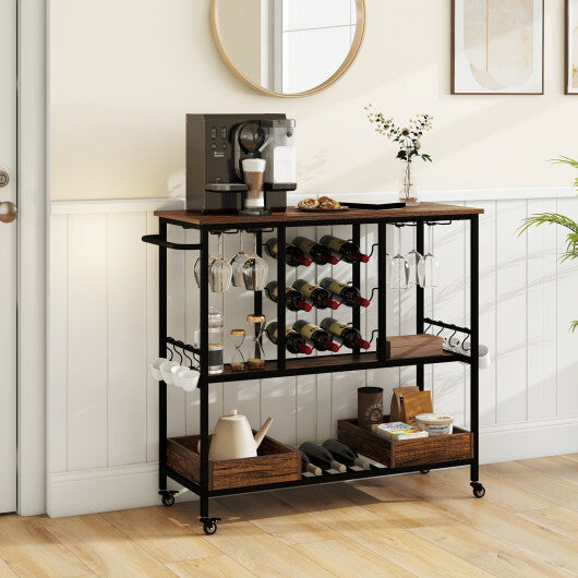 3 Tiers Bar Cart on Wheels with Glass Racks-Rustic Brown - Color: Rustic Brown