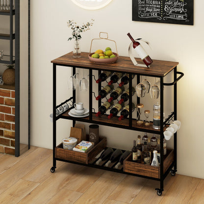 3 Tiers Bar Cart on Wheels with Glass Racks-Rustic Brown - Color: Rustic Brown