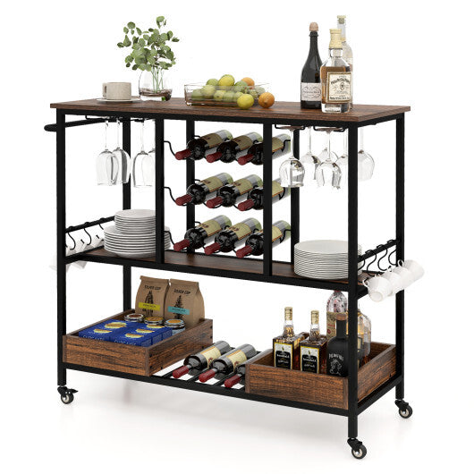 3 Tiers Bar Cart on Wheels with Glass Racks-Rustic Brown - Color: Rustic Brown