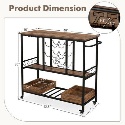 3 Tiers Bar Cart on Wheels with Glass Racks-Rustic Brown - Color: Rustic Brown