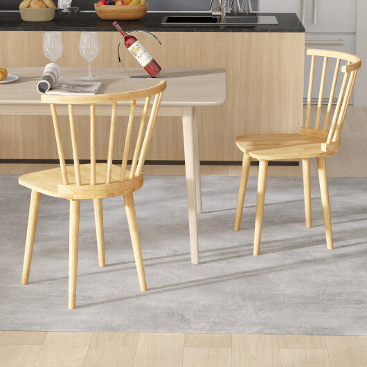 Windsor Dining Chairs Set of 2 Rubber Wood Kitchen Chairs with Spindle Back-Natural - Color: Natural