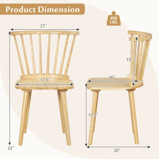 Windsor Dining Chairs Set of 2 Rubber Wood Kitchen Chairs with Spindle Back-Natural - Color: Natural