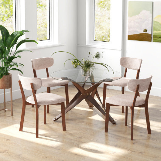 Dining Chairs Set of 2 Upholstered Mid-Back Chairs with Solid Rubber Wood Frame-Beige - Color: Beige