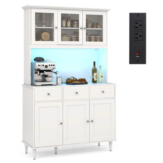 77 Inches Kitchen Pantry Storage Cabinet with LED Lights and Power Outlets-White - Color: White