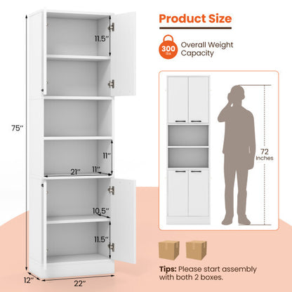 75 Inch Kitchen Pantry Cabinet Tall Cupboard with Doors and Shelves-White - Color: White