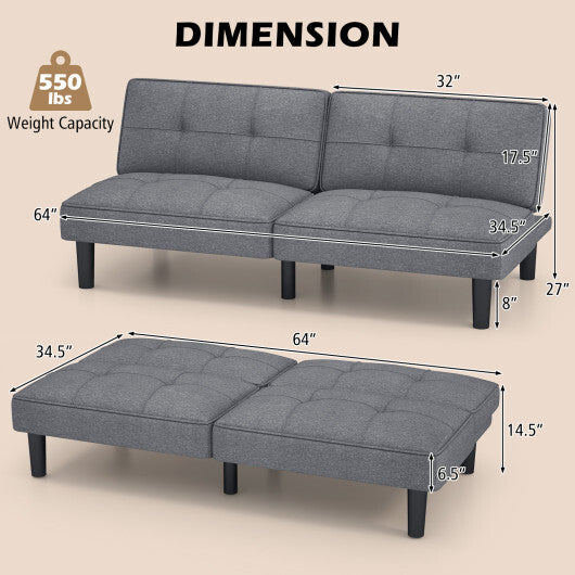 Convertible Folding Futon Sofa Bed with 6-Position Adjustable Backrest-Gray - Color: Gray