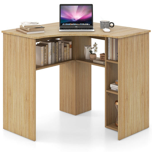 Corner Computer Desk Triangle Home Office Desk with Adjustable Shelf and Arc-Shaped Profile-Natural - Color: Natural