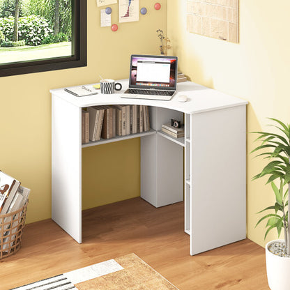 Corner Computer Desk Triangle Home Office Desk with Adjustable Shelf and Arc-Shaped Profile-White - Color: White