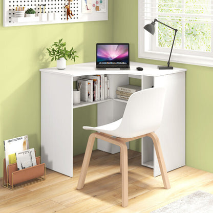 Corner Computer Desk Triangle Home Office Desk with Adjustable Shelf and Arc-Shaped Profile-White - Color: White