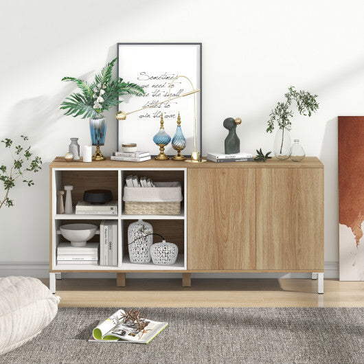 63 Inches Buffet Sideboard with 4 Compartments and Push-to-Open Cabinet-Natural - Color: Natural