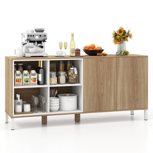 63 Inches Buffet Sideboard with 4 Compartments and Push-to-Open Cabinet-Natural - Color: Natural