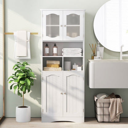 58.5 Inch Freestanding Linen Bathroom Storage Cabinet with Frost Glass Doors-White - Color: White