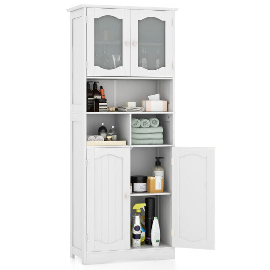 58.5 Inch Freestanding Linen Bathroom Storage Cabinet with Frost Glass Doors-White - Color: White