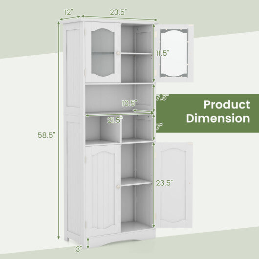 58.5 Inch Freestanding Linen Bathroom Storage Cabinet with Frost Glass Doors-White - Color: White