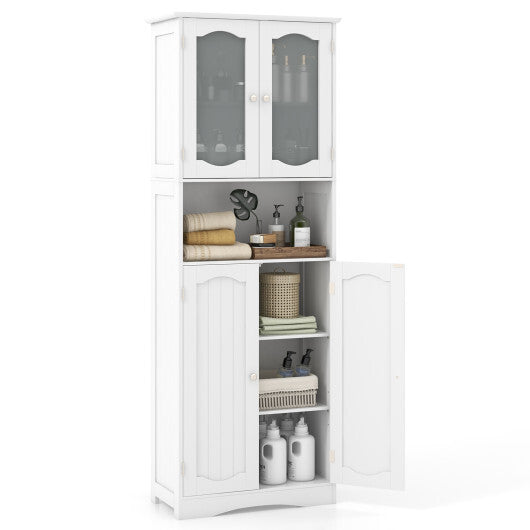 64.5 Inches Tall Bathroom Storage Cabinet with Frost Glass Doors and Shelves-White - Color: White