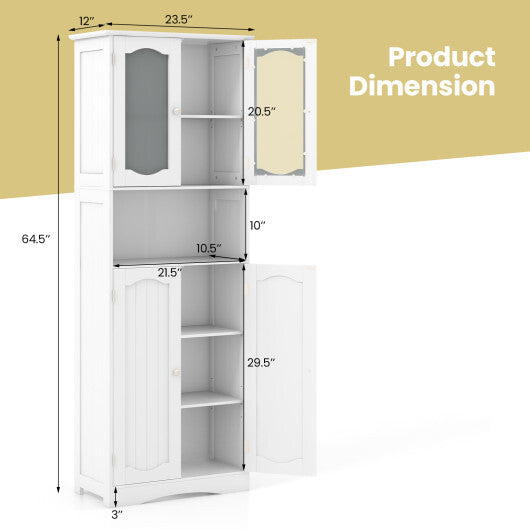 64.5 Inches Tall Bathroom Storage Cabinet with Frost Glass Doors and Shelves-White - Color: White