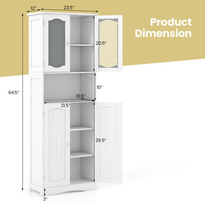 64.5 Inches Tall Bathroom Storage Cabinet with Frost Glass Doors and Shelves-White - Color: White