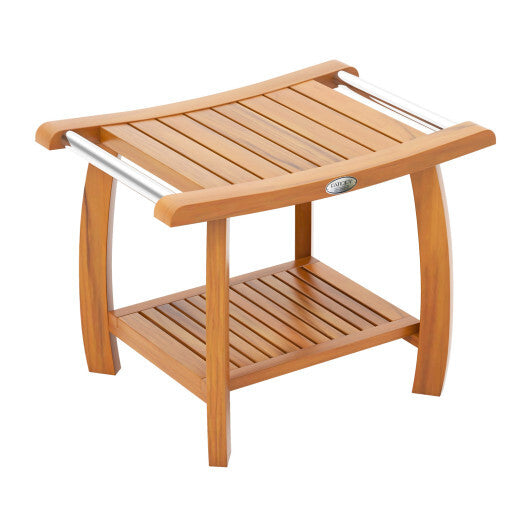 2-Tier Teak Wood Shower Bench Shower Stool with Curved Seat and Handles - Color: Natural