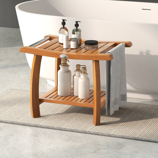 2-Tier Teak Wood Shower Bench Shower Stool with Curved Seat and Handles - Color: Natural