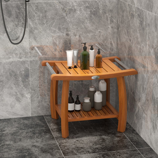 2-Tier Teak Wood Shower Bench Shower Stool with Curved Seat and Handles - Color: Natural