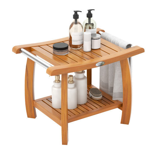 2-Tier Teak Wood Shower Bench Shower Stool with Curved Seat and Handles - Color: Natural