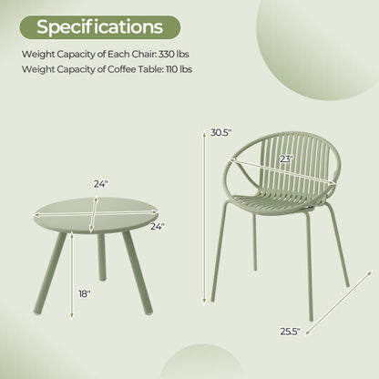 All Weather PP Patio Conversation Set with Round Coffee table and 2 Chairs-Green - Color: Green