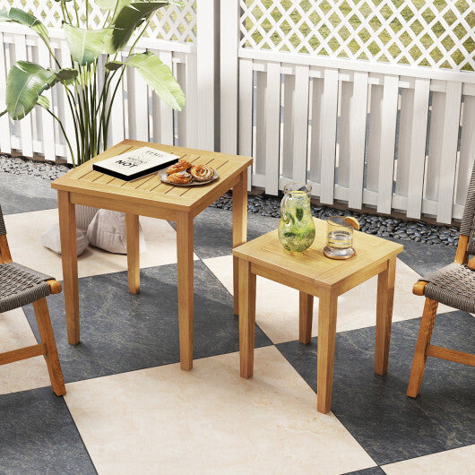 2 Pieces Space Saving Design Teak Wood Outdoor Patio Nesting Table - Color: Natural