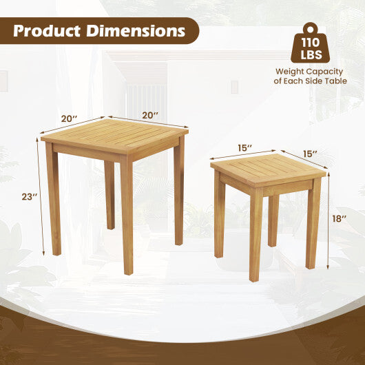 2 Pieces Space Saving Design Teak Wood Outdoor Patio Nesting Table - Color: Natural