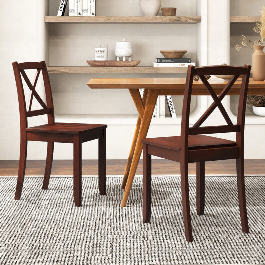 Wood Dining Chair Set of 2 with Rubber Wood Legs and Curved Backrest-Brown - Color: Brown