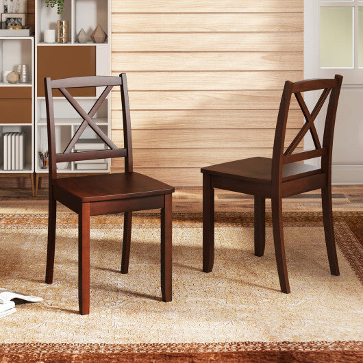 Wood Dining Chair Set of 2 with Rubber Wood Legs and Curved Backrest-Brown - Color: Brown