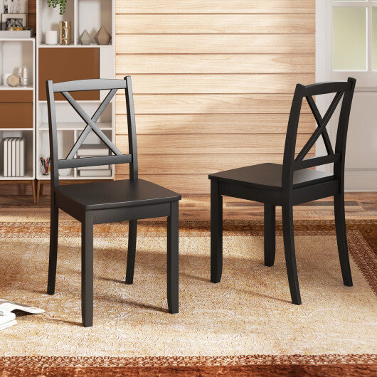 Wood Dining Chair Set of 2 with Rubber Wood Legs and Curved Backrest-Black - Color: Black